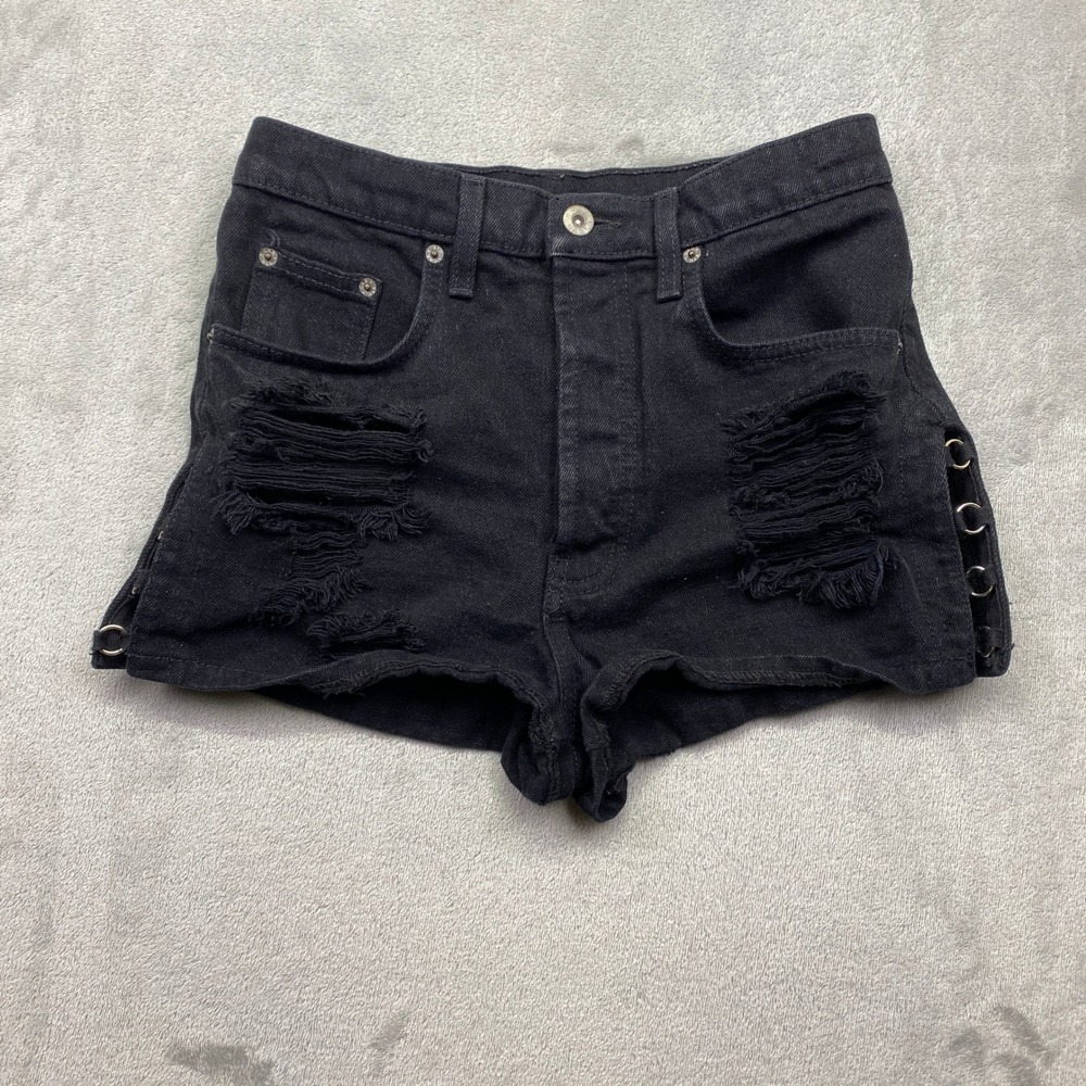CARMAR‎ Black Denim Ripped Lace Up High Waisted Shorts Size 26 Grunge Retro